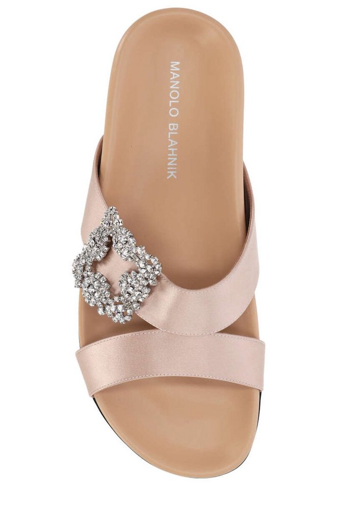Manolo Blahnik Chilanghi Satin Buckle Embellished Flat Mules