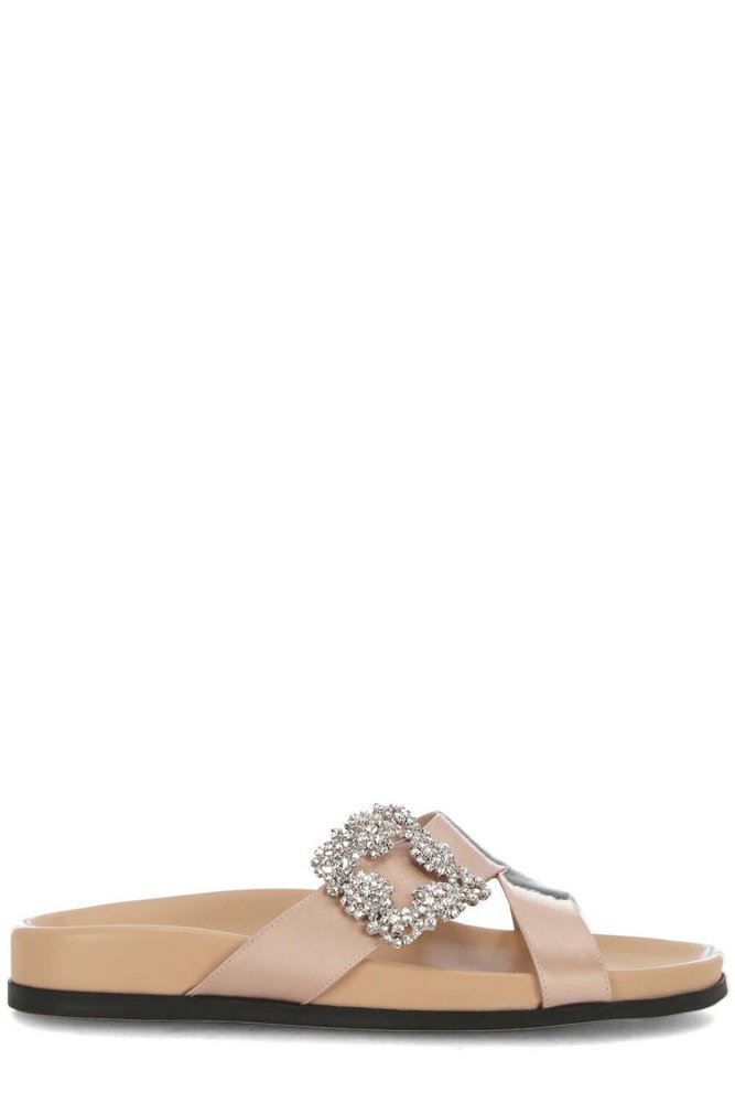 Manolo Blahnik Chilanghi Satin Buckle Embellished Flat Mules