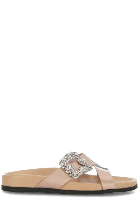 Manolo Blahnik Chilanghi Satin Buckle Embellished Flat Mules