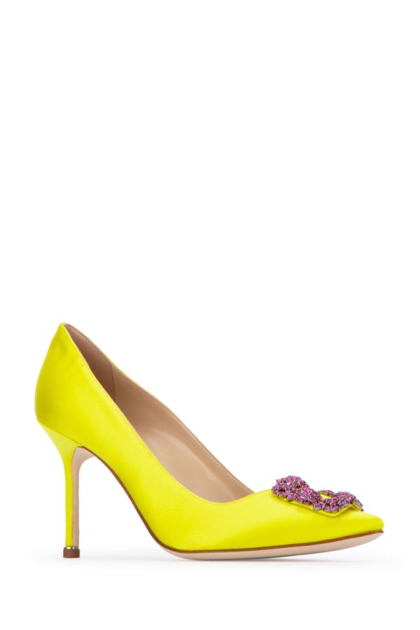 MANOLO BLAHNIK Hangisi heel shoes in fluorescent yellow satin 90