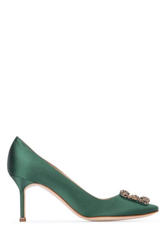 MANOLO BLAHNIK Hangisi  heeled shoes in bottle green satin 70