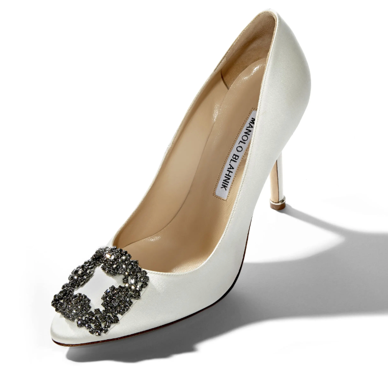 MANOLO BLAHNIK Hangisi White Satin Jewel Buckle Pumps 105