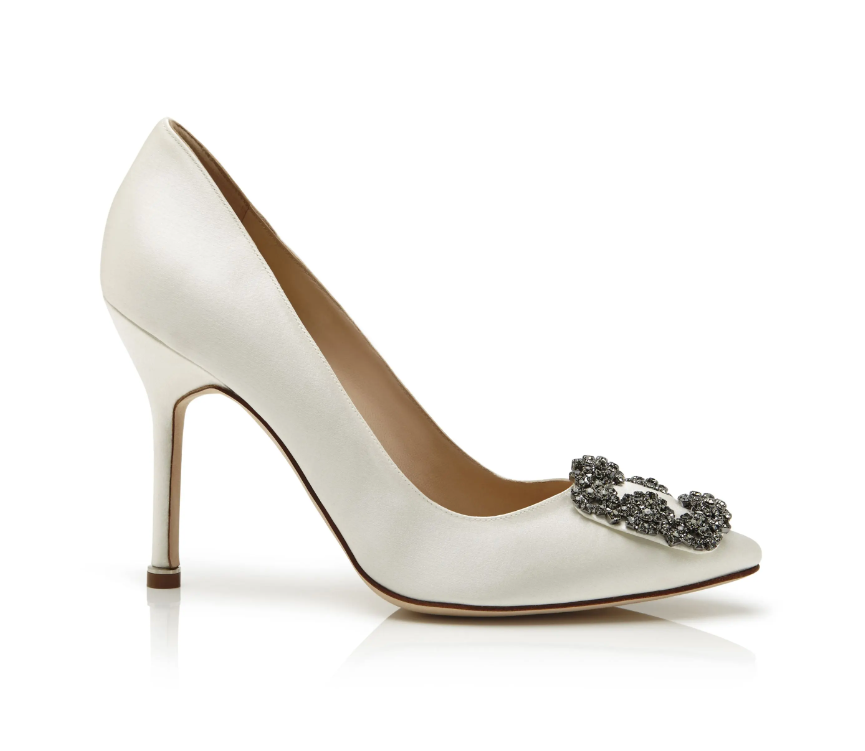 MANOLO BLAHNIK Hangisi White Satin Jewel Buckle Pumps 105