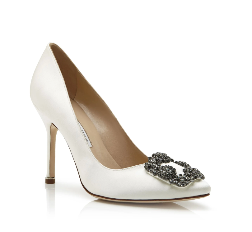 MANOLO BLAHNIK Hangisi White Satin Jewel Buckle Pumps 105