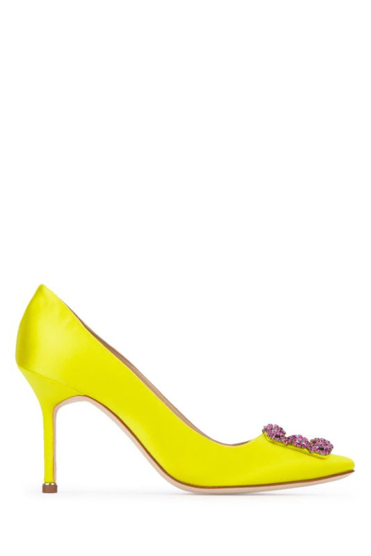 MANOLO BLAHNIK Hangisi heel shoes in fluorescent yellow satin 90