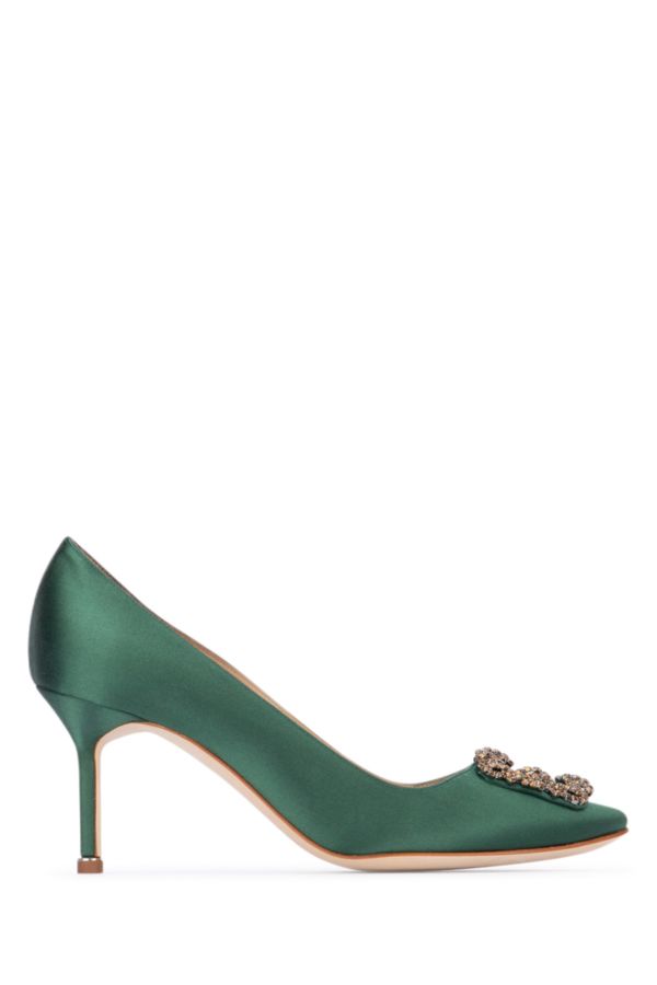 MANOLO BLAHNIK Hangisi heeled shoes in bottle green satin 70
