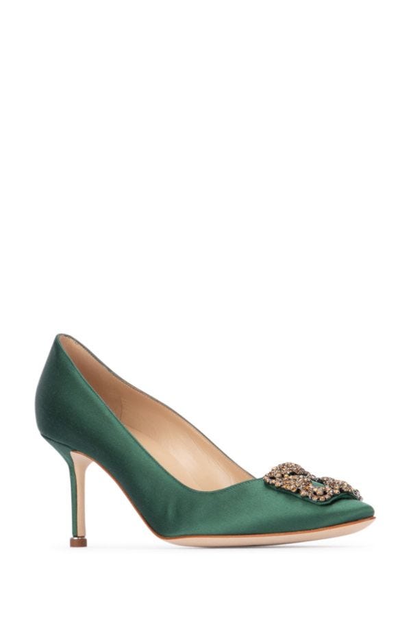 MANOLO BLAHNIK Hangisi heeled shoes in bottle green satin 70